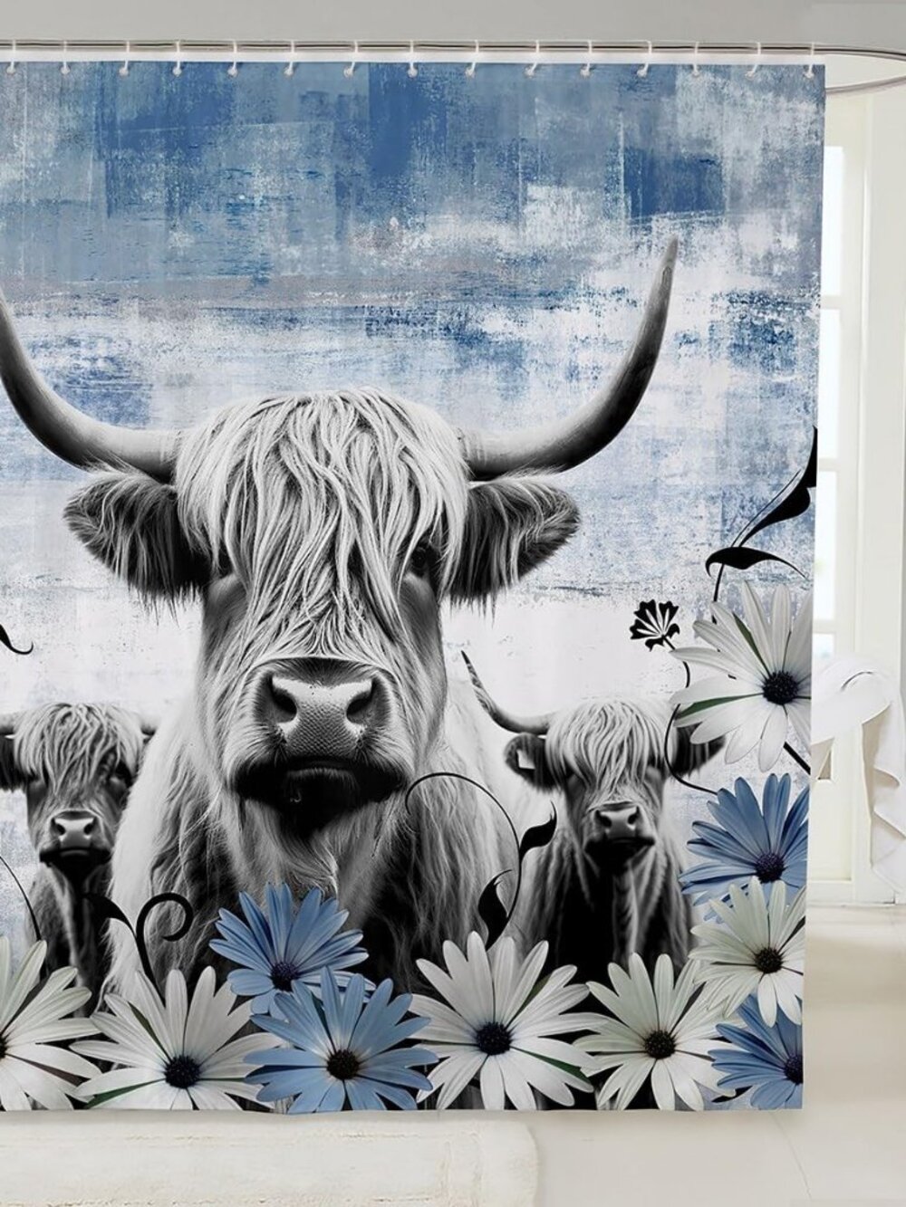 Highland Cow Print Shower Curtain,Blue Western Farmhouse Bathroom